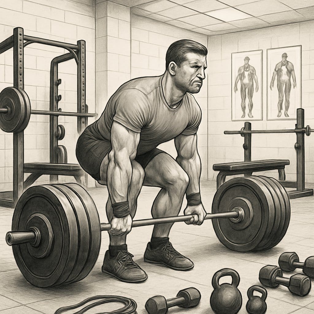 An athlete performing a deadlift in a gym surrounded by various strength training equipment.