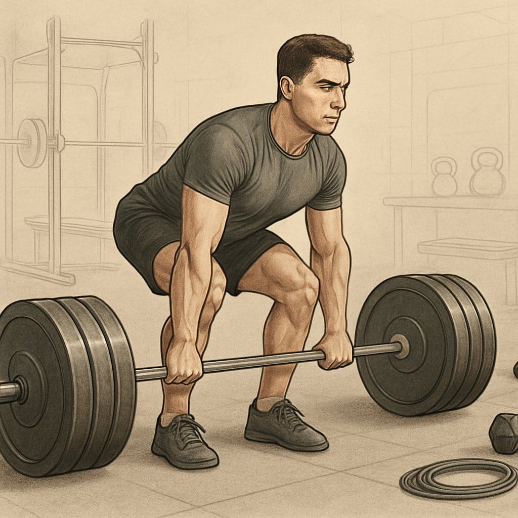 An athlete performing a deadlift in a gym with various weightlifting equipment around, illustrating a comprehensive strength training setup.