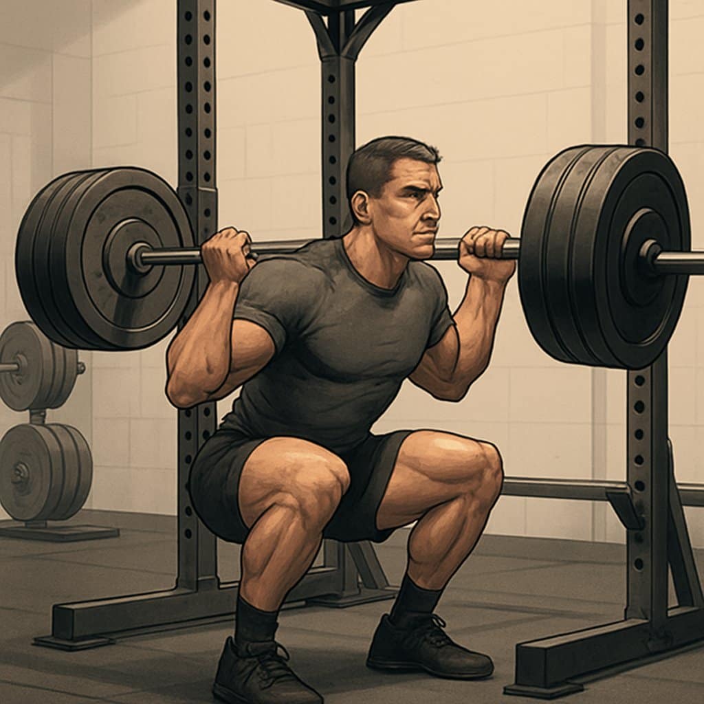 A person performing a heavy barbell squat in a gym with weight plates and equipment around.