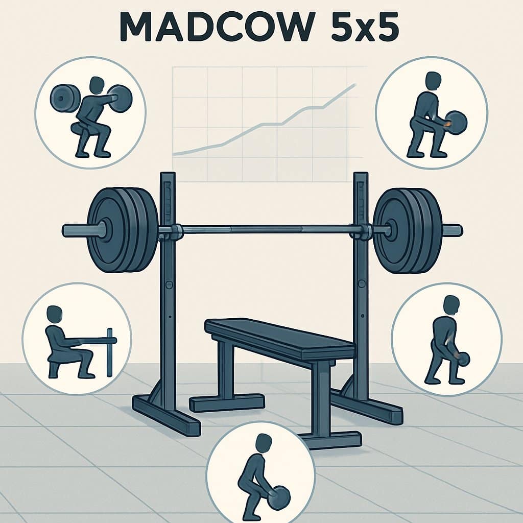 An illustration showing a gym scene with a barbell on a squat rack and simplified figures demonstrating five main weightlifting exercises.