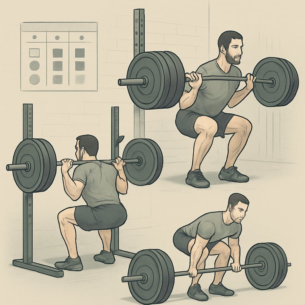 A man performing key weightlifting exercises in a gym, showing proper form and workout progression with gym equipment around him.