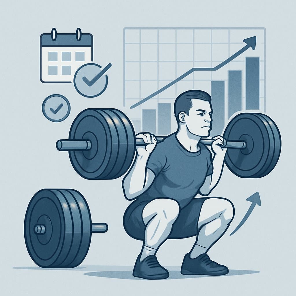 An athlete performing a squat with a loaded barbell in a gym, surrounded by visual elements representing training progression, volume, and periodization.