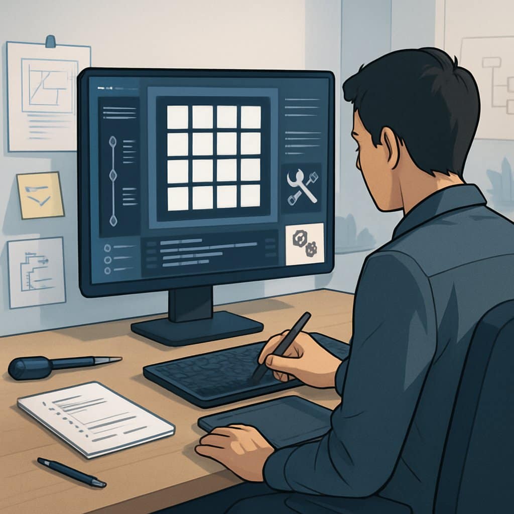 A person working at a desk with a computer showing a 5x5 grid, surrounded by technical tools and notes in an office setting.
