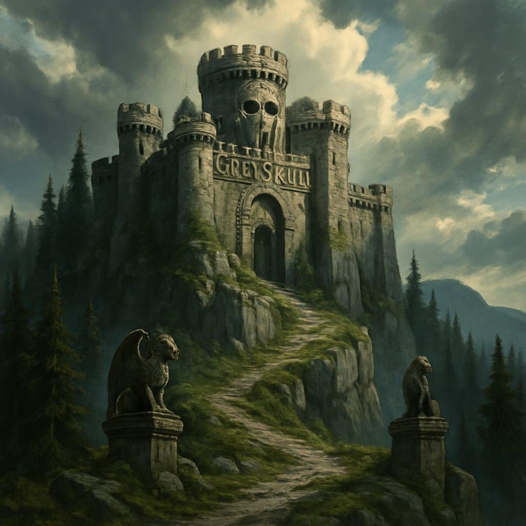 A large stone fortress on a mountain cliff surrounded by pine forests and a winding path leading to its entrance.
