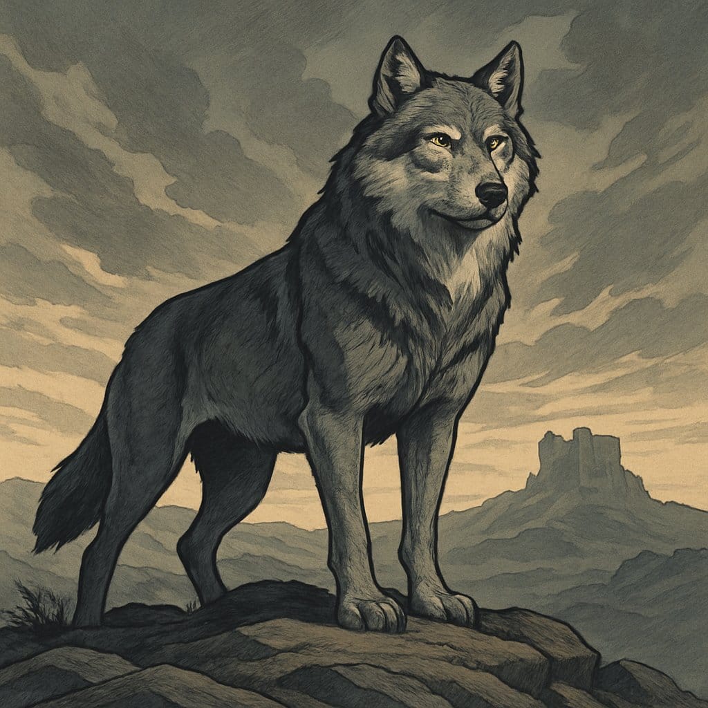 A gray wolf standing on a rocky hilltop with mountains and ancient ruins in the background under a cloudy dawn sky.