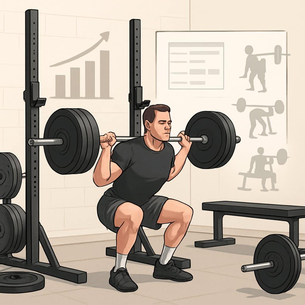A person performing a barbell squat in a gym surrounded by strength training equipment and visual elements representing workout progression.