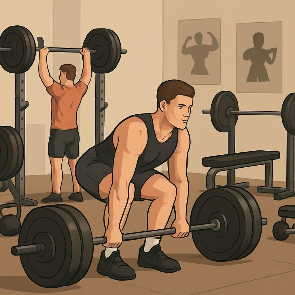 A gym scene showing people performing key weightlifting exercises with barbells and other gym equipment.