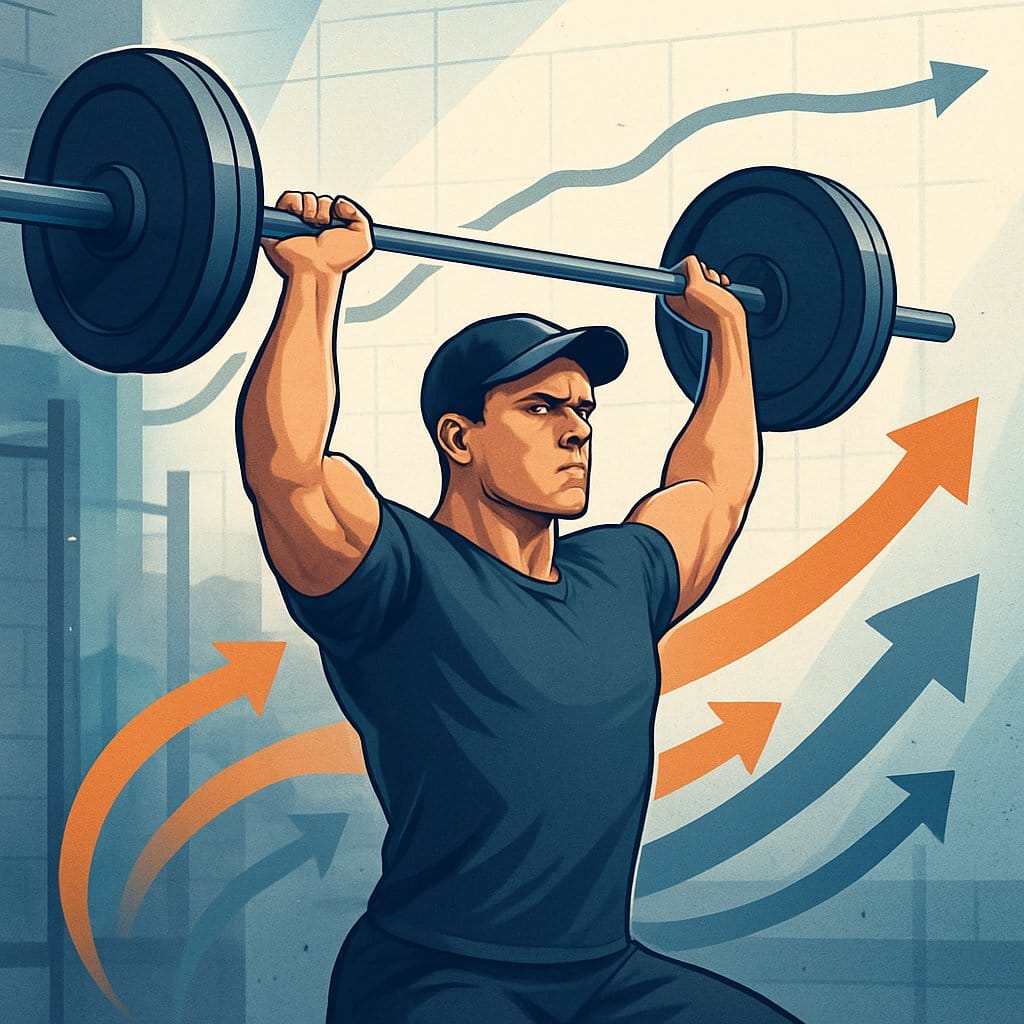 A person lifting weights in a gym with a graph in the background showing progress and plateaus.