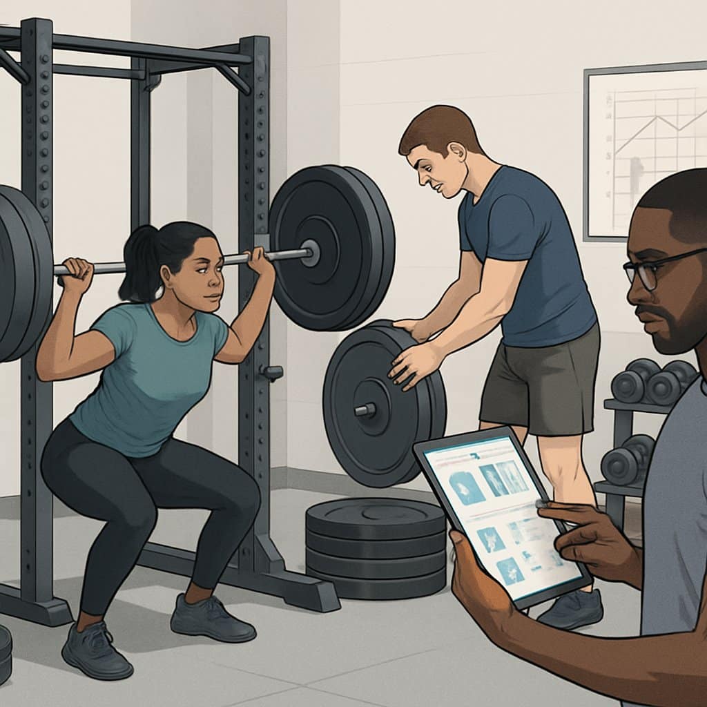 People working out in a gym, performing strength exercises and adjusting weights with personalized workout plans visible on a tablet.