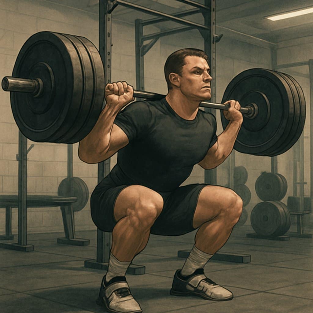 An athlete performing a heavy squat with a barbell in a well-equipped gym setting.