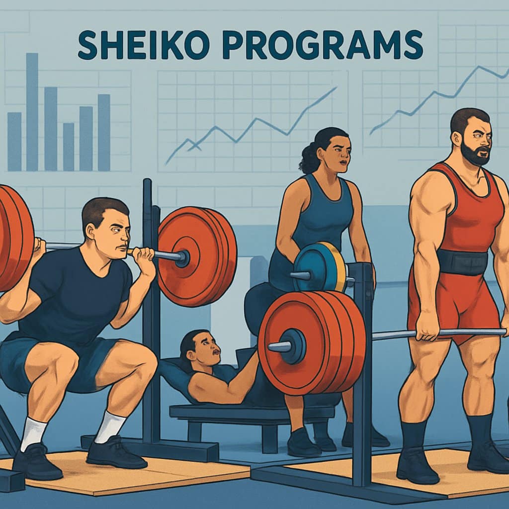 Athletes performing squats, bench presses, and deadlifts in a gym with charts and graphs in the background showing training progress.