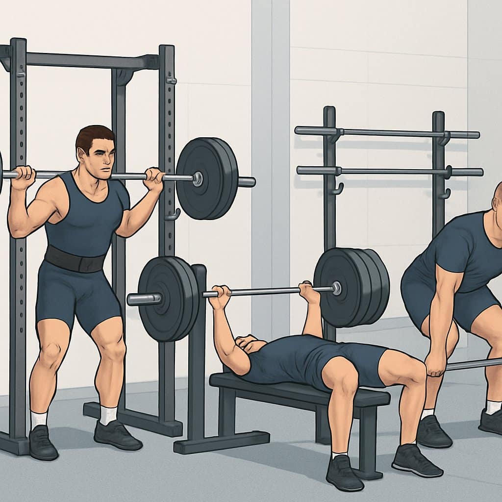 Illustration of athletes performing different powerlifting exercises in a gym, demonstrating various training routines.