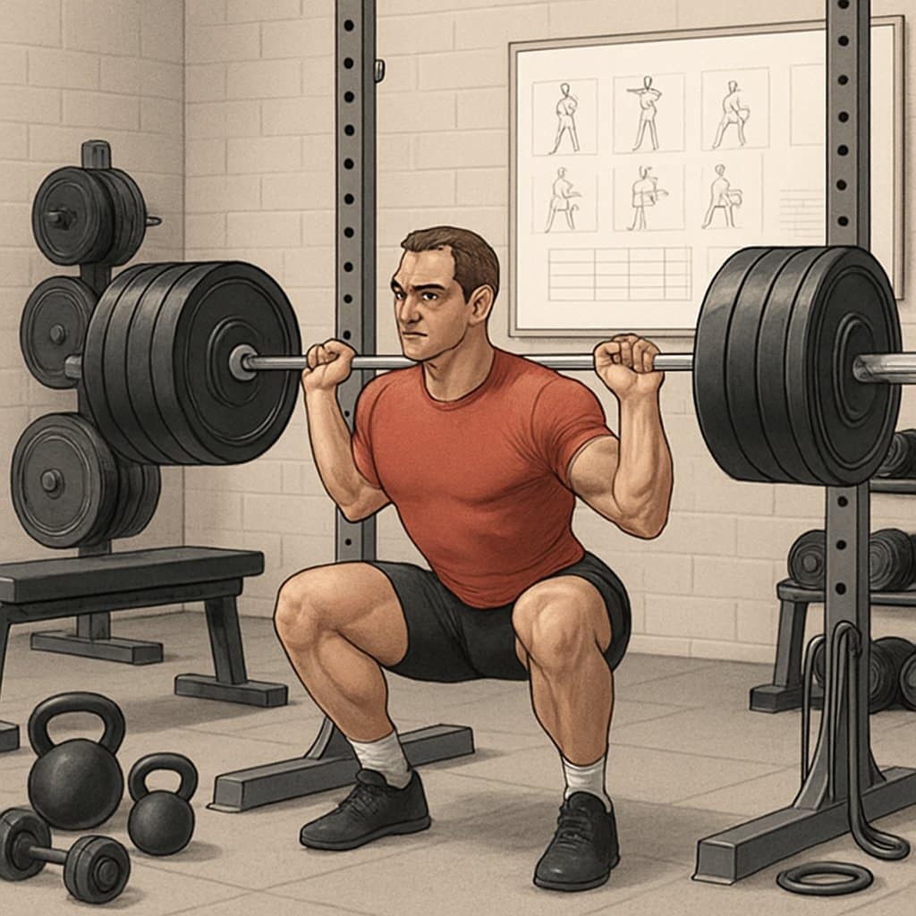 An athlete performing a squat with a barbell in a gym surrounded by various workout equipment like dumbbells and kettlebells.