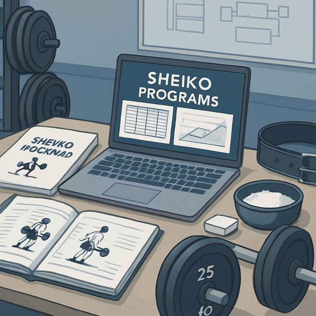 A workspace with a laptop showing workout charts, printed manuals, and weightlifting equipment like a barbell and plates, set in a gym environment.