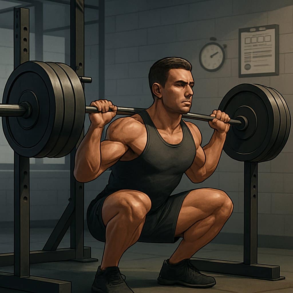 An athlete performing a deep barbell back squat in a gym with training equipment and workout plans visible in the background.