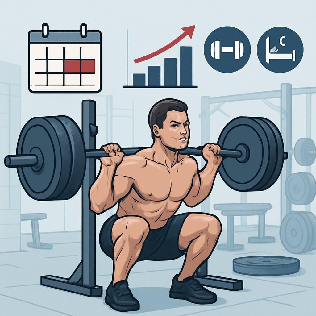An athlete performing a barbell squat in a gym, surrounded by visual elements representing a structured workout program.