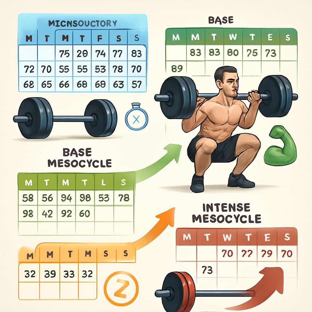 Illustration showing different phases of a squat training program with a person squatting and visual indicators of workout progression.