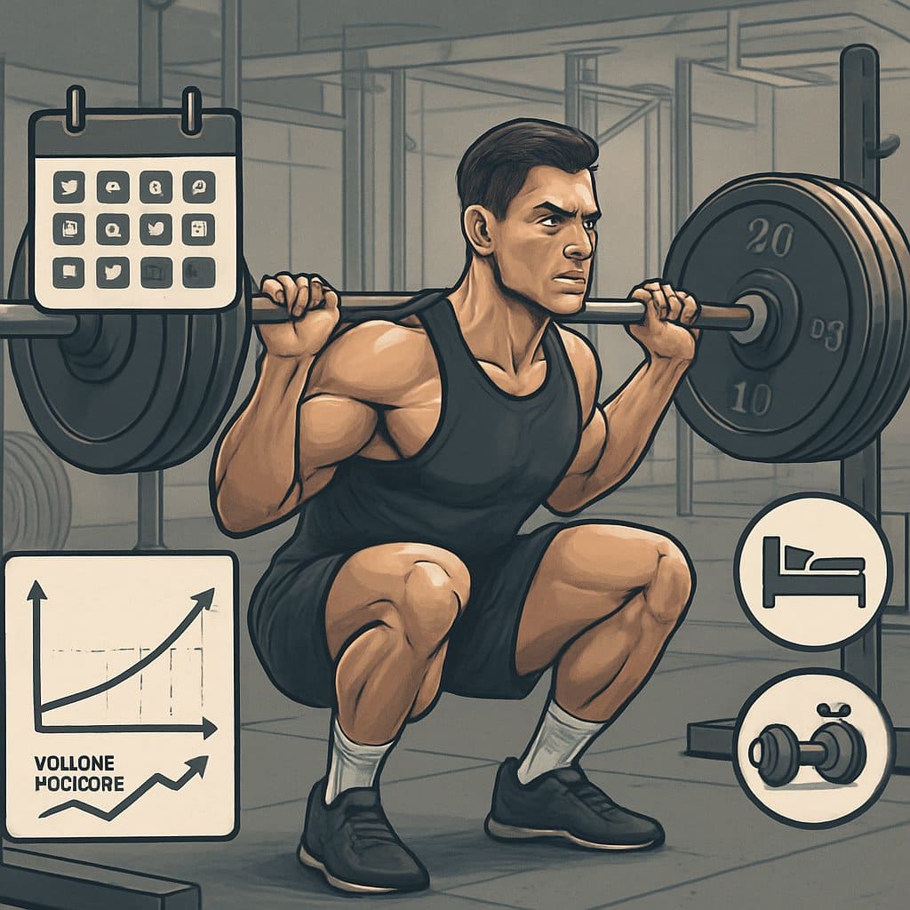 An athlete performing a deep barbell squat in a gym, surrounded by visual elements representing training phases, rest, nutrition, and recovery.