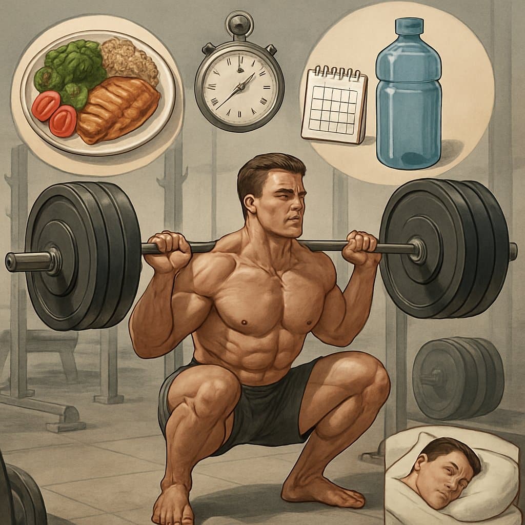 An athlete performing a heavy squat in a gym surrounded by symbols of nutrition, hydration, rest, and training schedule.
