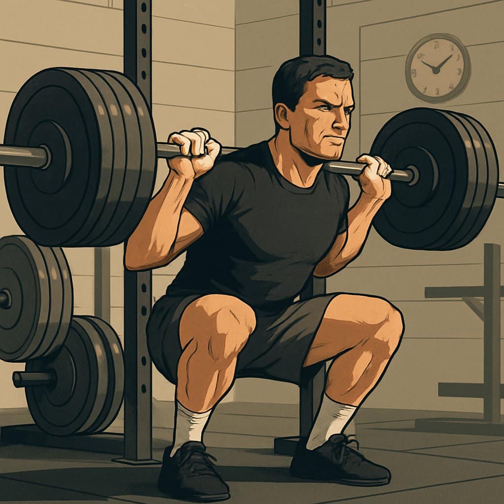 An athlete performing a heavy barbell squat in a gym surrounded by weightlifting equipment.