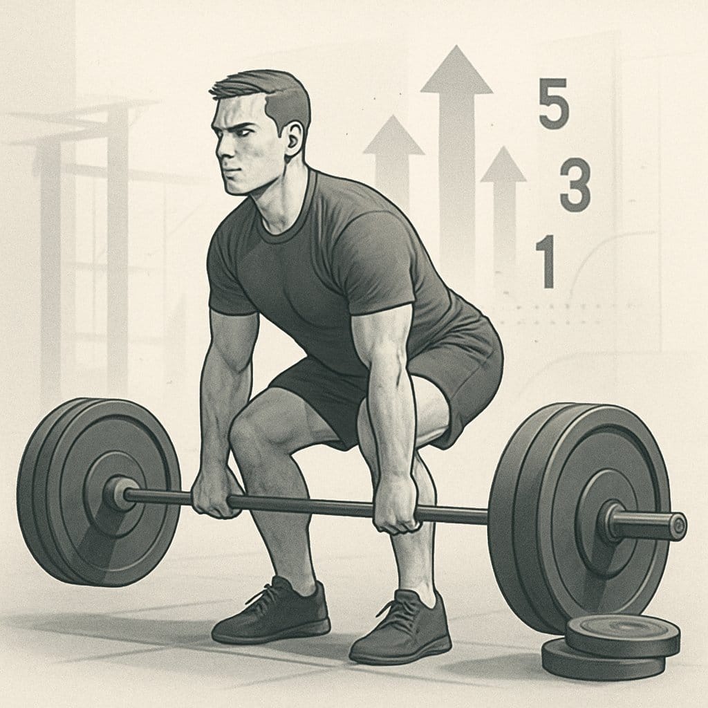 A male athlete performing a barbell deadlift in a gym surrounded by abstract symbols representing strength and progression.