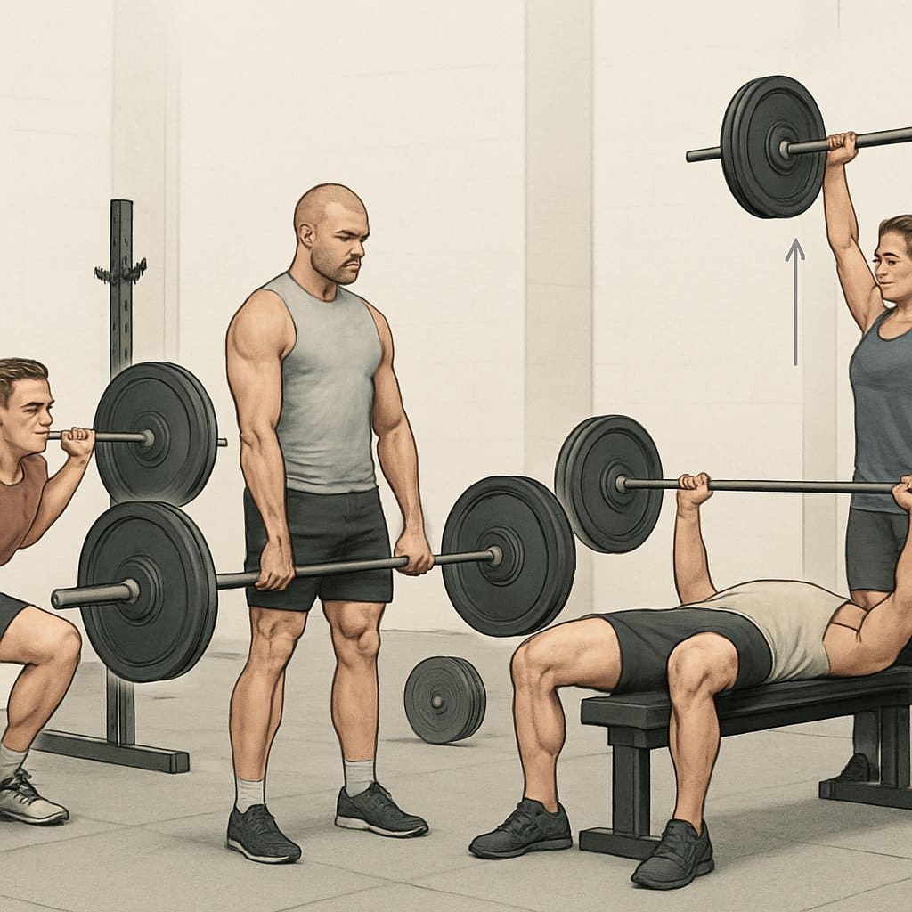 Four athletes performing the squat, deadlift, bench press, and overhead press in a gym setting, demonstrating proper lifting form.