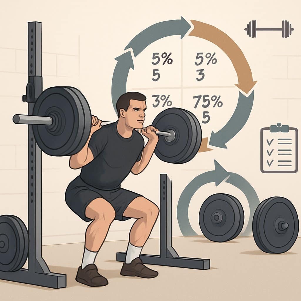 An athlete lifting a barbell in a gym with a nearby diagram showing a four-week strength training cycle.