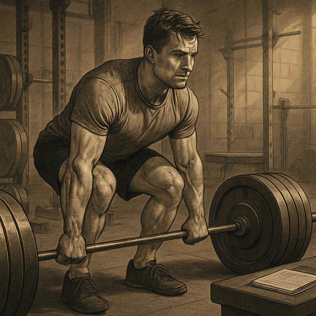 A muscular man performing a deadlift in a gym surrounded by weightlifting equipment and a workout journal on a bench.