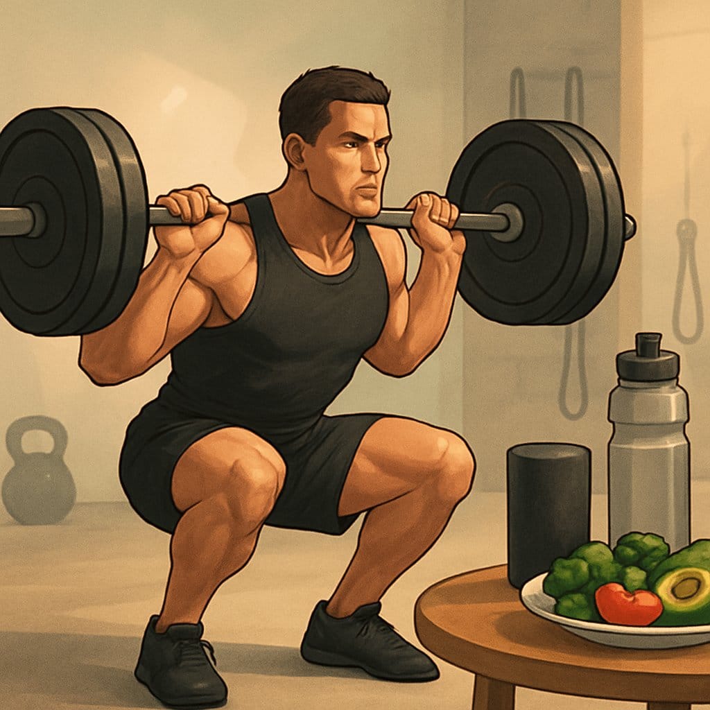 A person lifting a barbell in a gym surrounded by recovery items like a water bottle, foam roller, and healthy food.