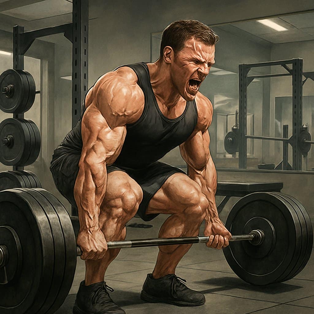 A muscular person performing a heavy lift in a modern gym, showing focus and proper form during strength training.
