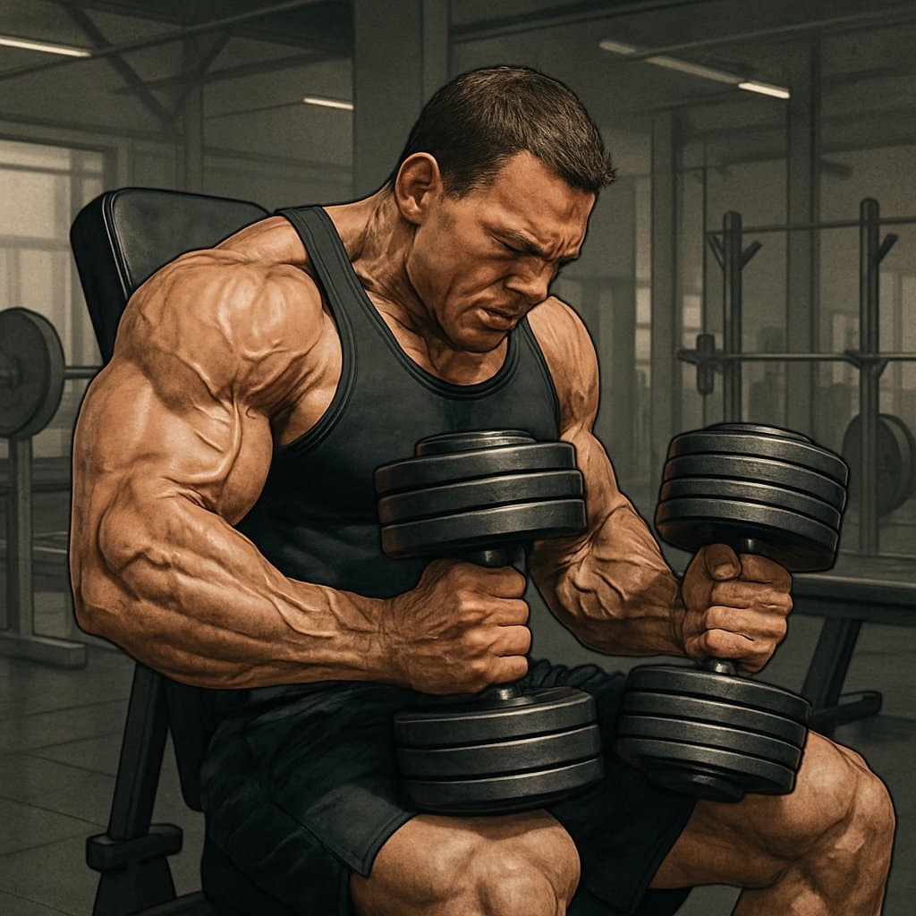 A male athlete lifting heavy dumbbells in a gym, focusing on controlled strength training.