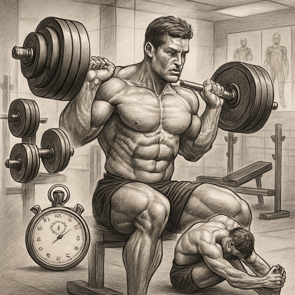 A person performing intense strength training exercises in a gym, surrounded by weights, a stopwatch, and muscle stretch illustrations.