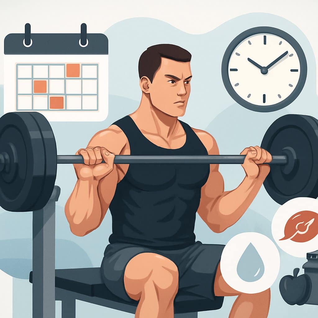 An athlete lifting heavy weights in a gym with visual symbols of a training schedule, rest periods, and muscle recovery around them.