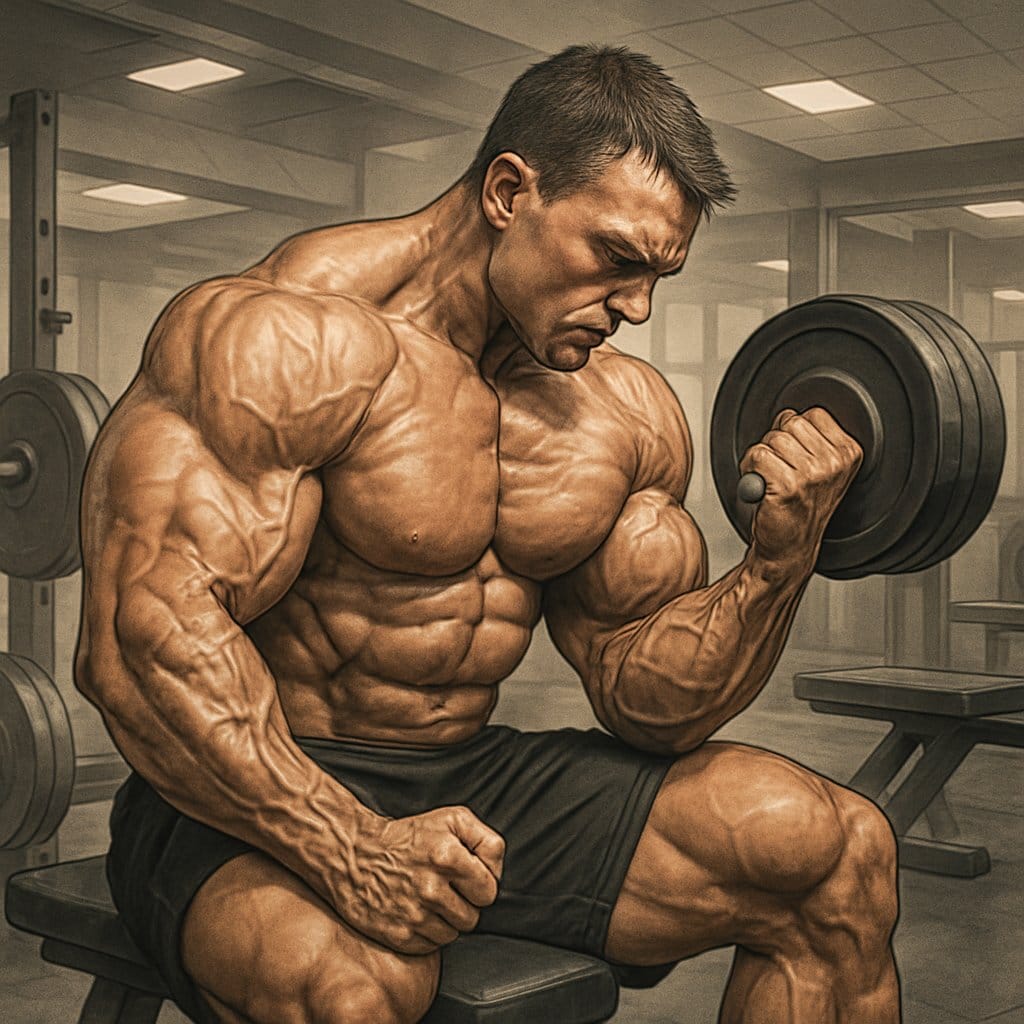 A muscular man lifting heavy weights in a gym, showing well-defined muscles and focused effort during an intense workout.