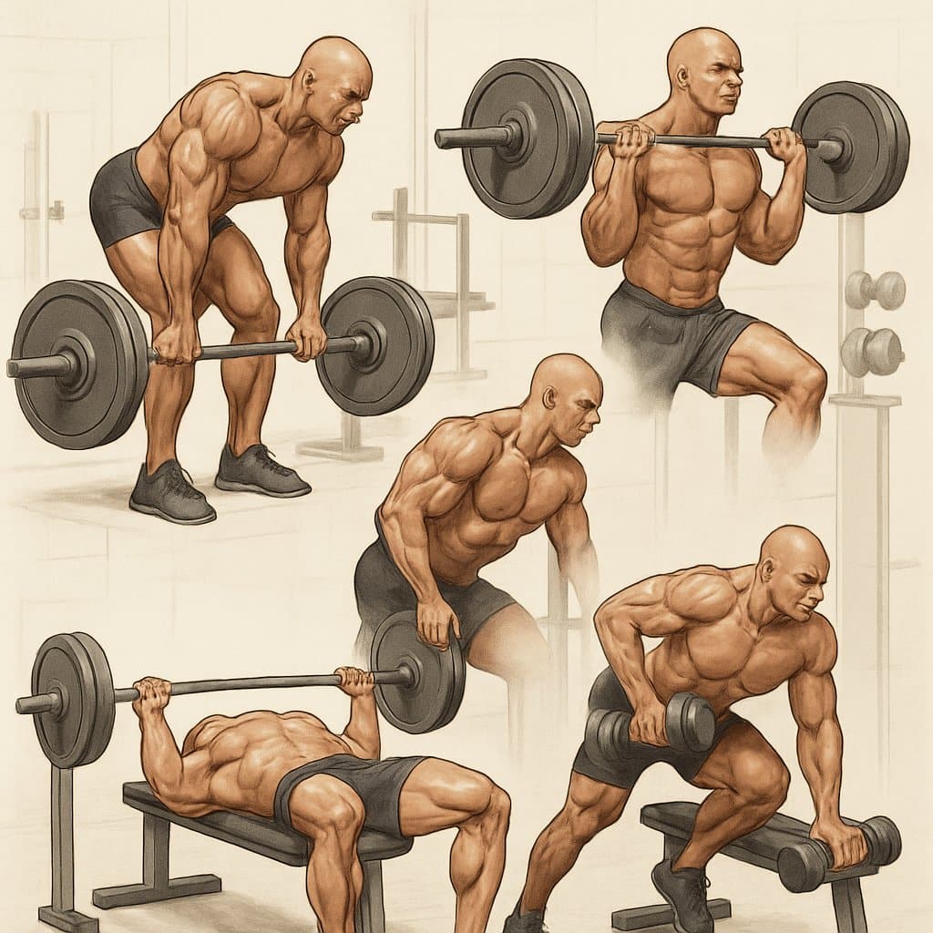 A muscular person performing different strength training exercises in a gym, showing proper form and muscle engagement.