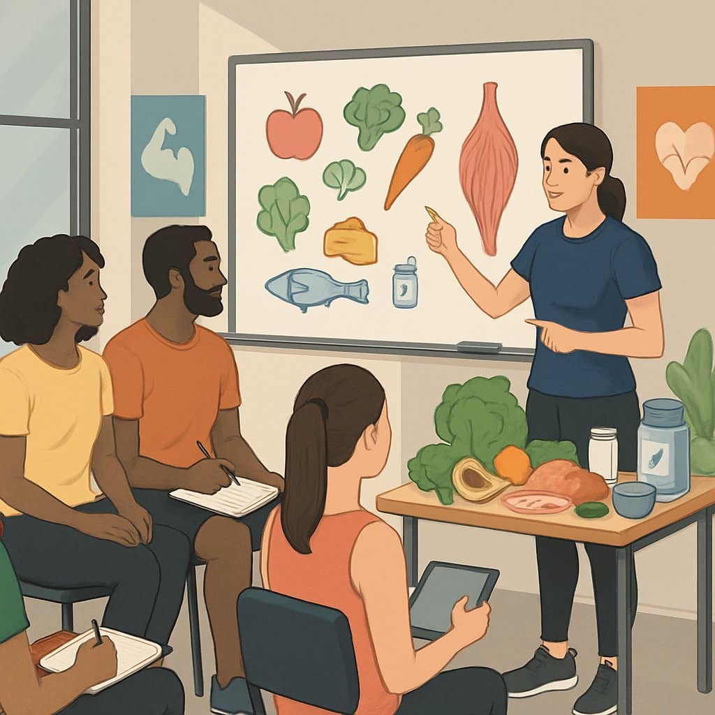 A group of people attending a training session on nutrition and supportive practices, with an instructor explaining diagrams of healthy foods and muscles in a classroom setting.