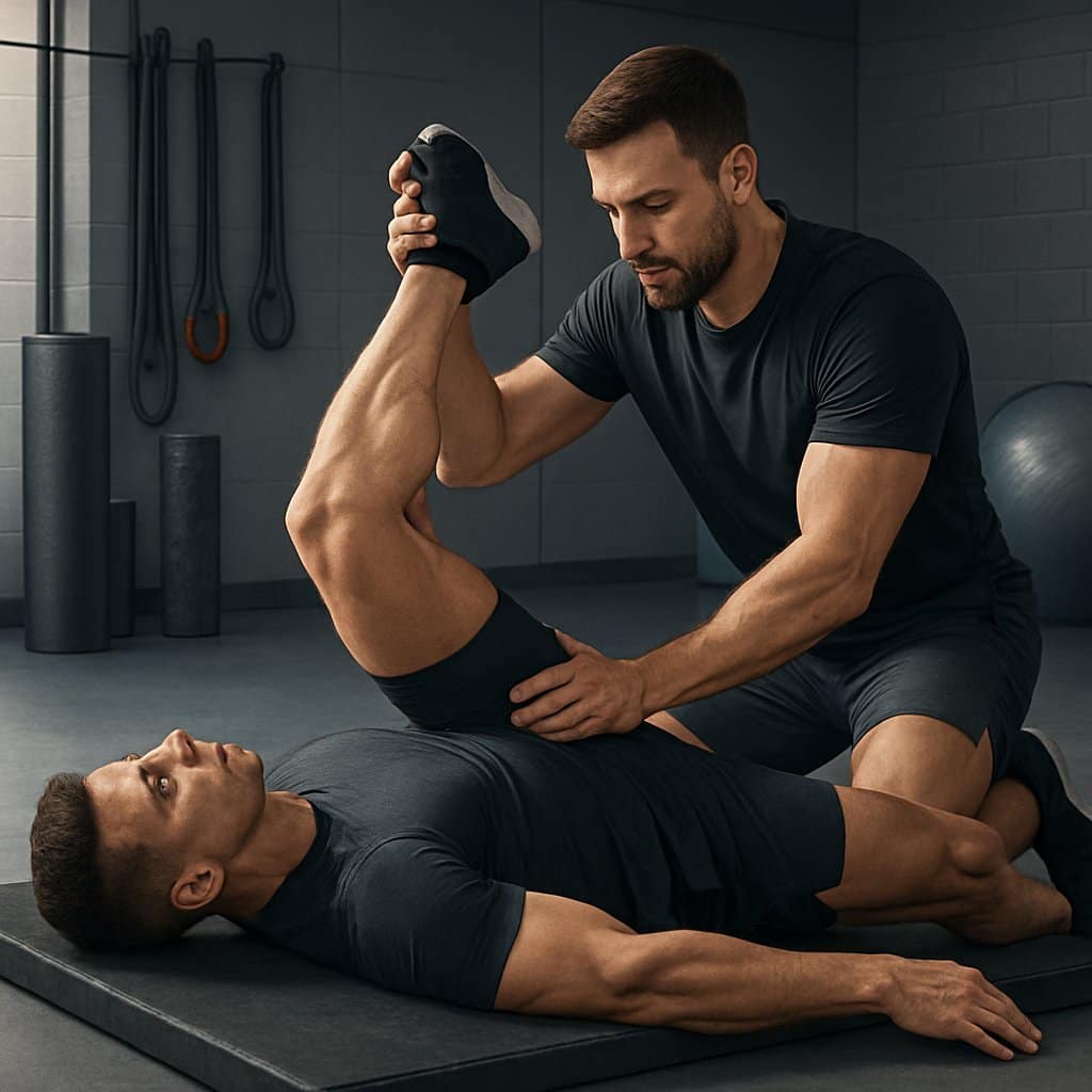 A trainer assisting an athlete with assisted stretching exercises in a gym environment.