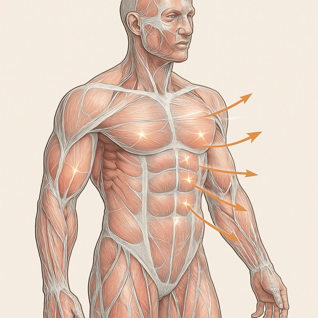 An anatomical illustration showing muscles and fascia layers in a human figure with visual emphasis on fascia stretching and muscle growth.