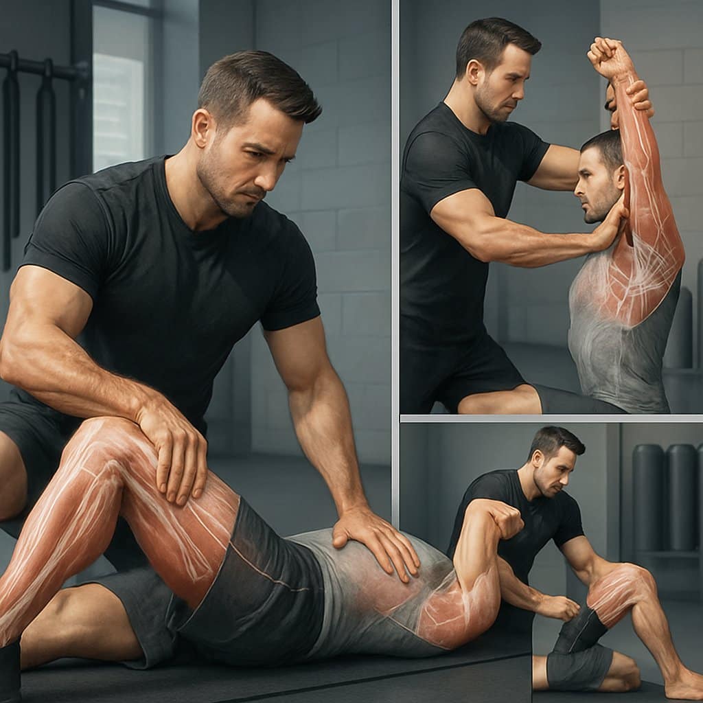A trainer assisting a person with targeted muscle stretches in a gym, highlighting key muscle groups and stretching techniques.