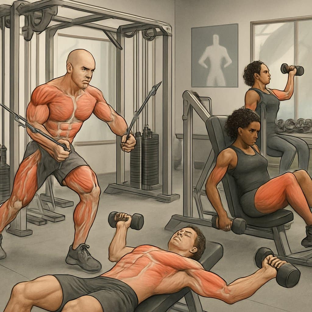 A gym scene showing people performing various strength training exercises using equipment like cables, benches, and dumbbells, highlighting muscle engagement and stretching.