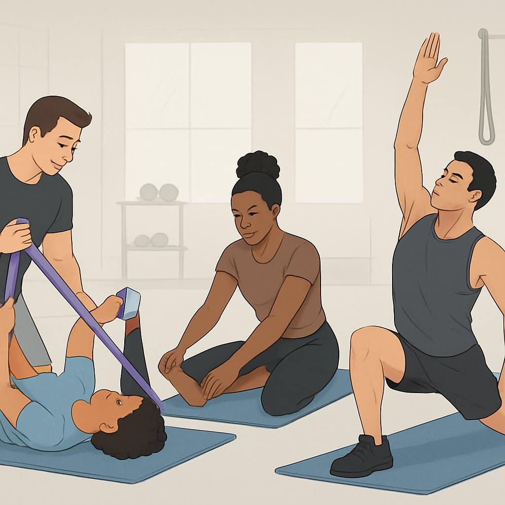 Three people of different fitness levels performing fascial stretch exercises together in a gym with a trainer assisting the beginner.