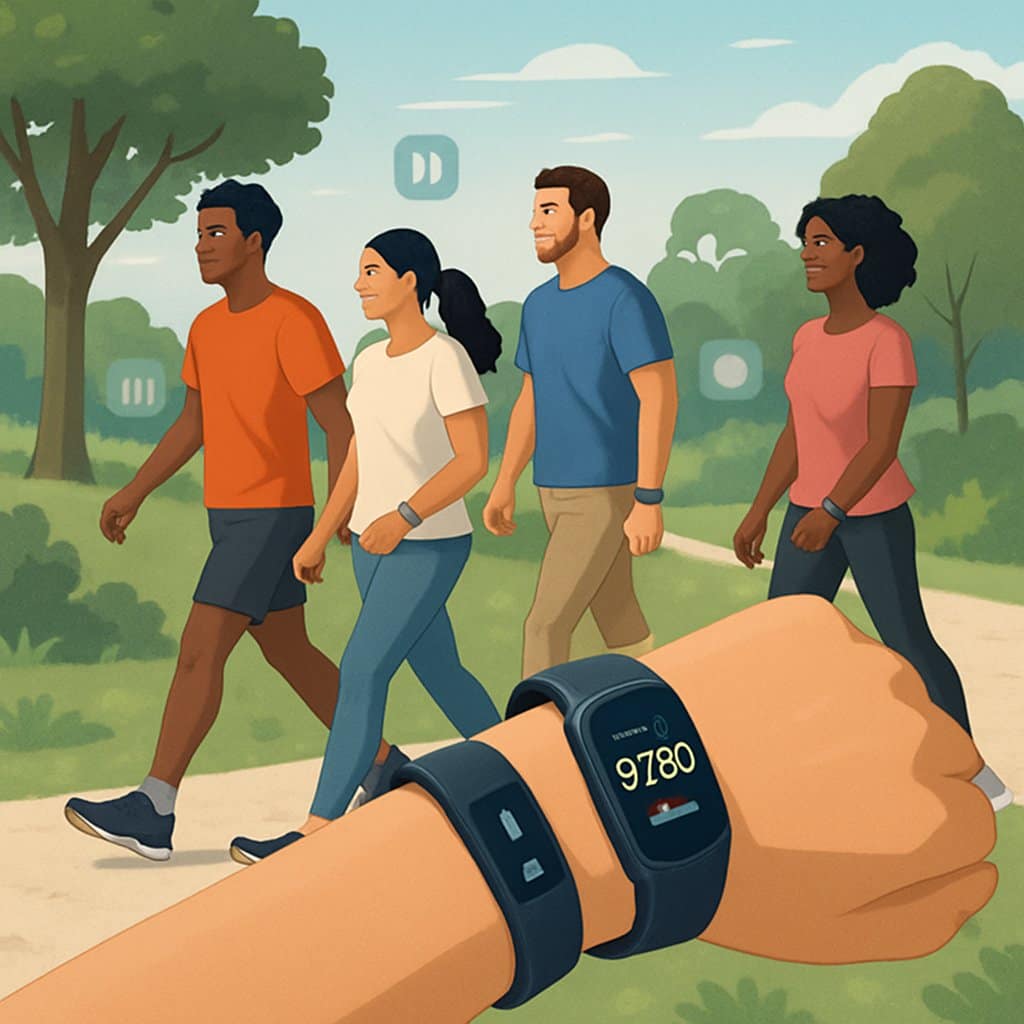 People walking in a park wearing fitness trackers, with a close-up of a wrist showing a step count on a device.