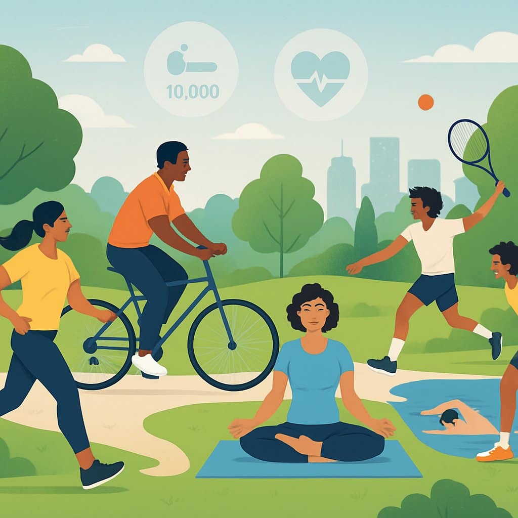 A diverse group of people exercising outdoors in various ways including jogging, cycling, yoga, swimming, and playing sports in a park with greenery and a city skyline in the background.