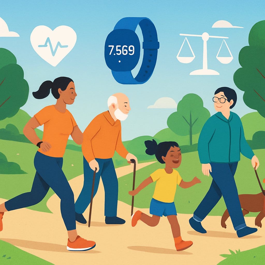 People of different ages walking and jogging in a park with fitness trackers, surrounded by health-related icons and a winding path.