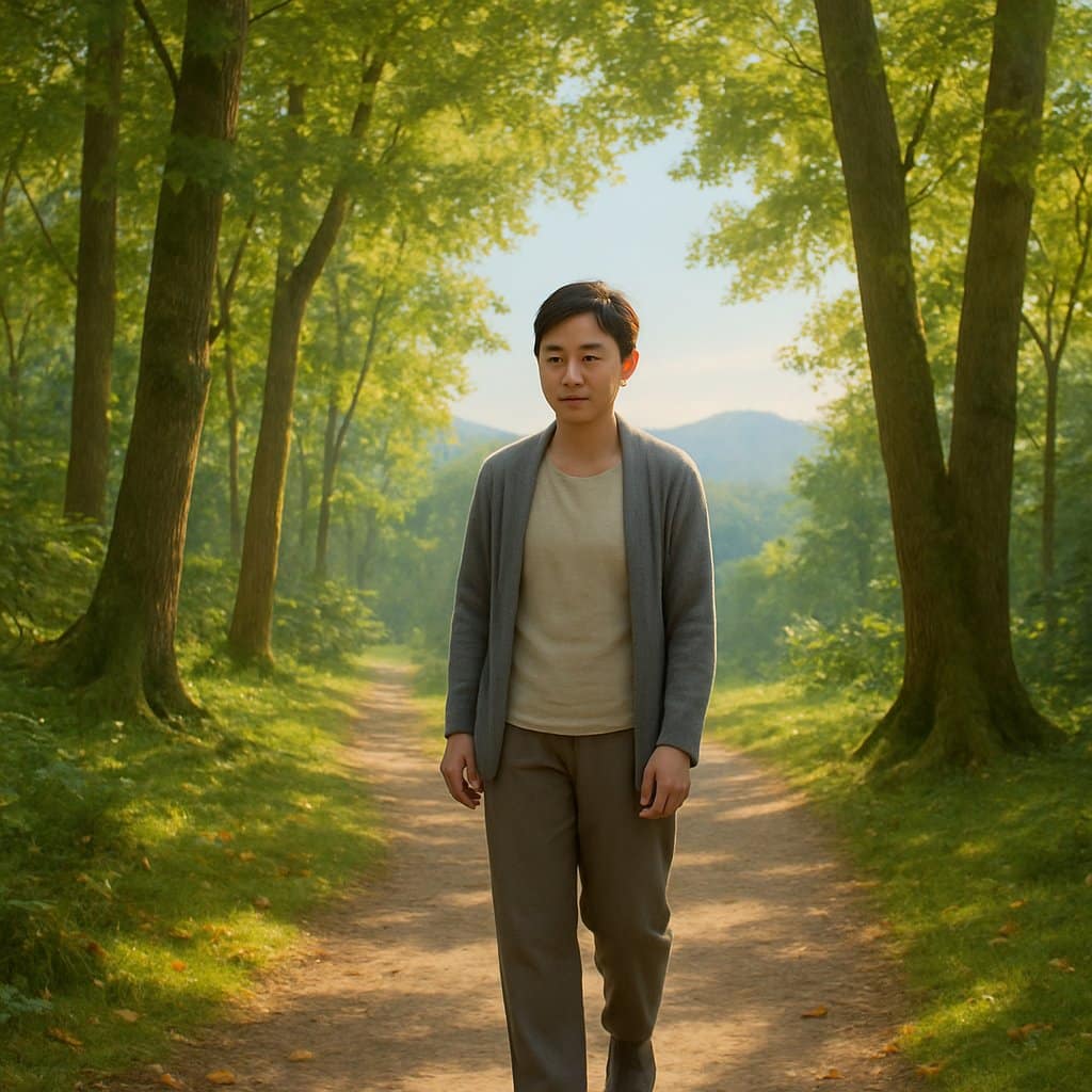 A person walking slowly along a forest path surrounded by trees and sunlight, appearing calm and focused.
