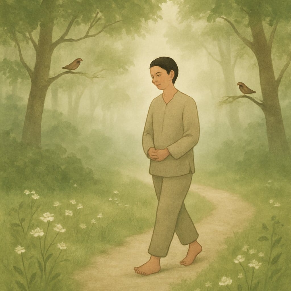 A person walking slowly on a forest path surrounded by trees and sunlight, practicing mindfulness.