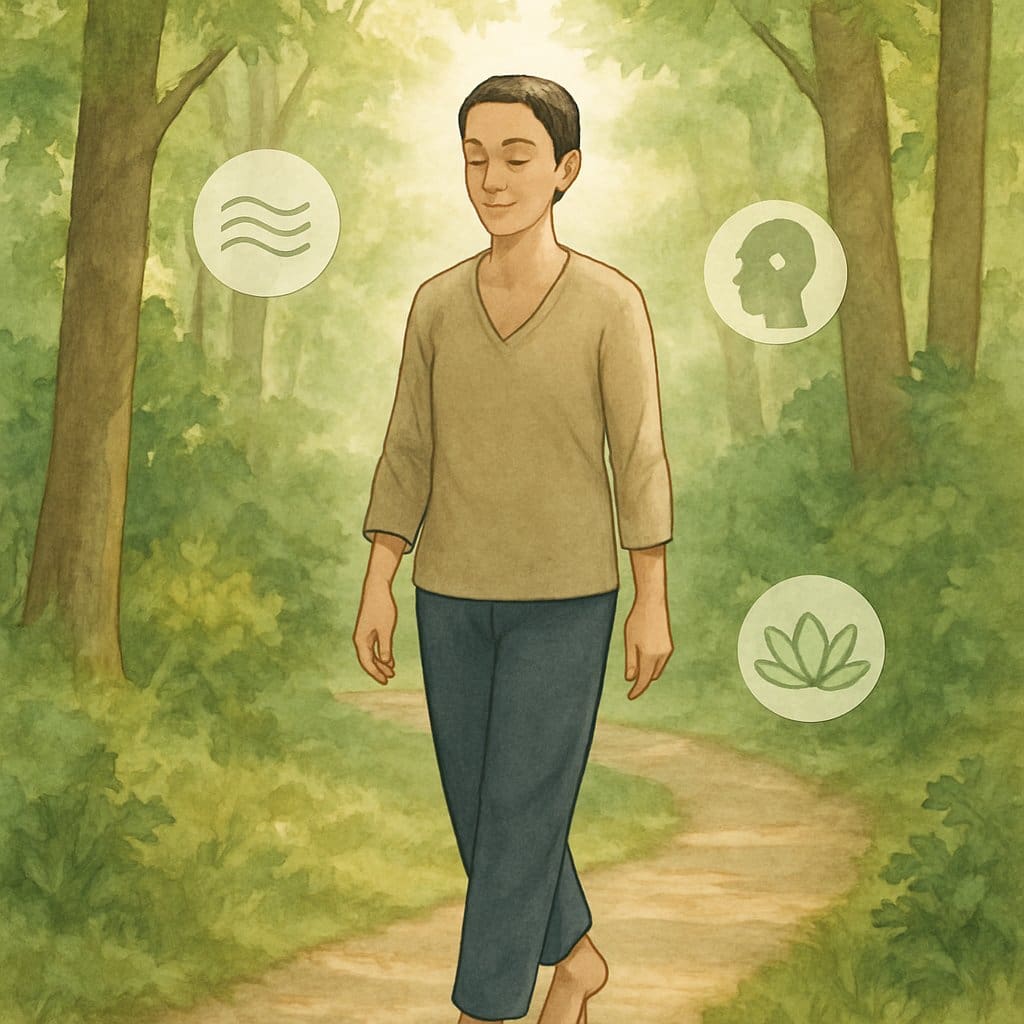 A person walking slowly on a forest path surrounded by trees and sunlight, appearing calm and focused.