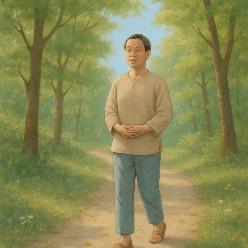 A person walking slowly along a forest path surrounded by trees and sunlight, appearing calm and focused.