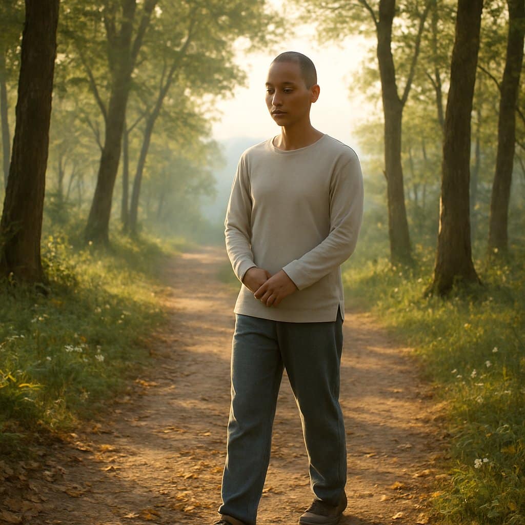 A person walking slowly on a forest path surrounded by trees and sunlight, appearing calm and focused.