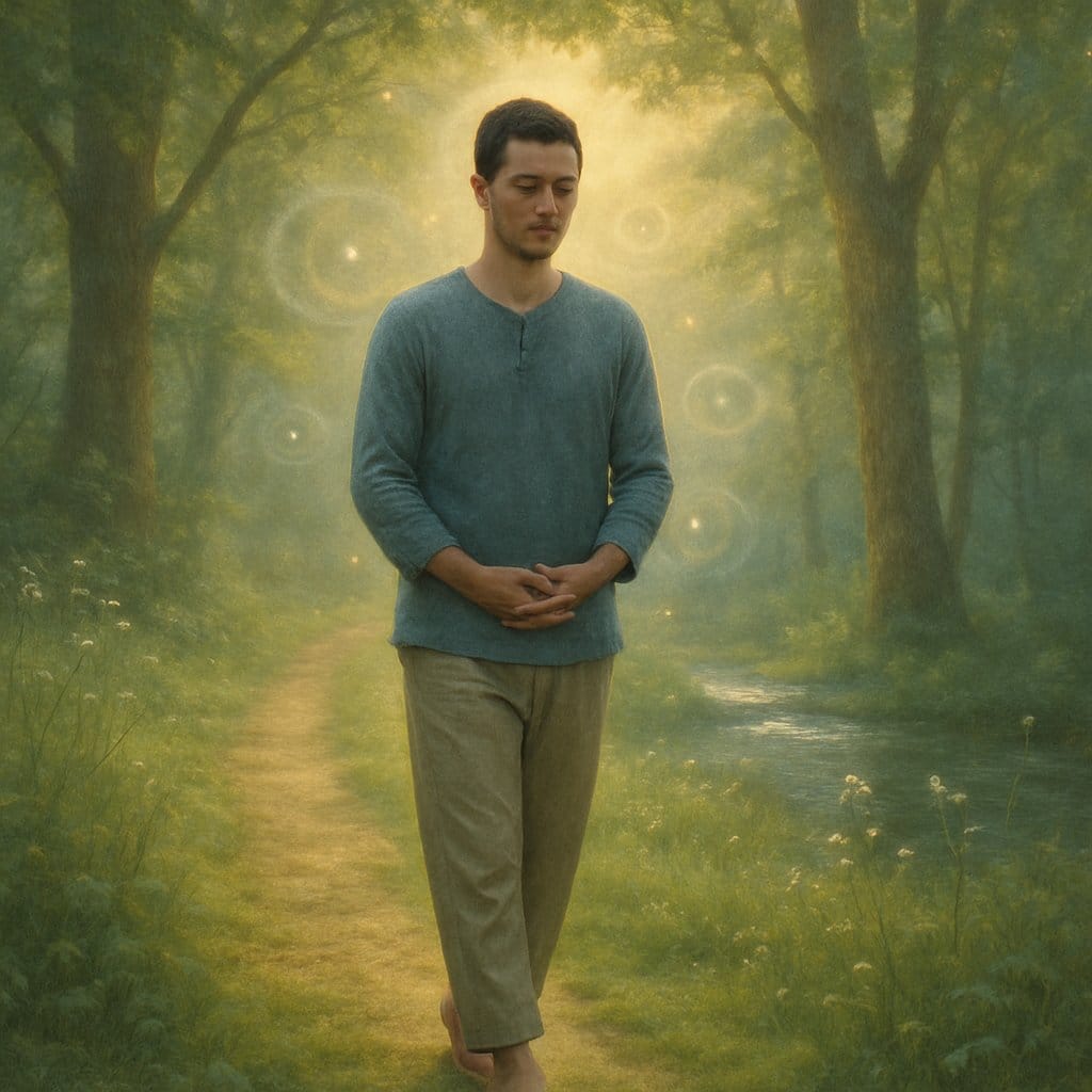 A person walking calmly on a peaceful forest path surrounded by trees and soft sunlight, embodying mindfulness and tranquility.